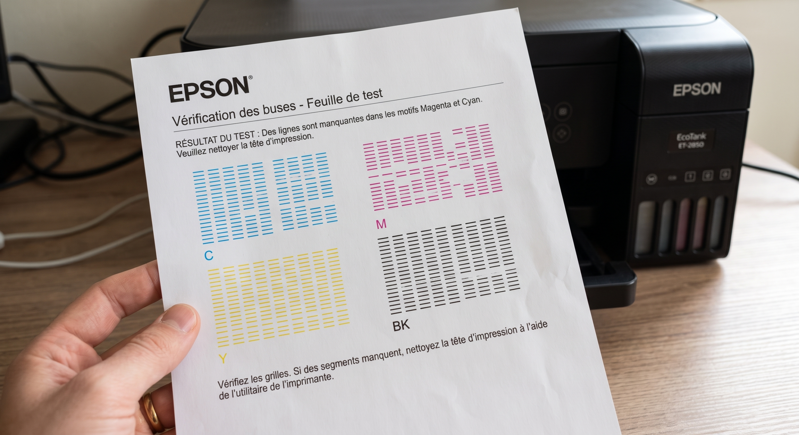 Exemple d'une feuille de test de vérification des buses Epson avec des lignes manquantes